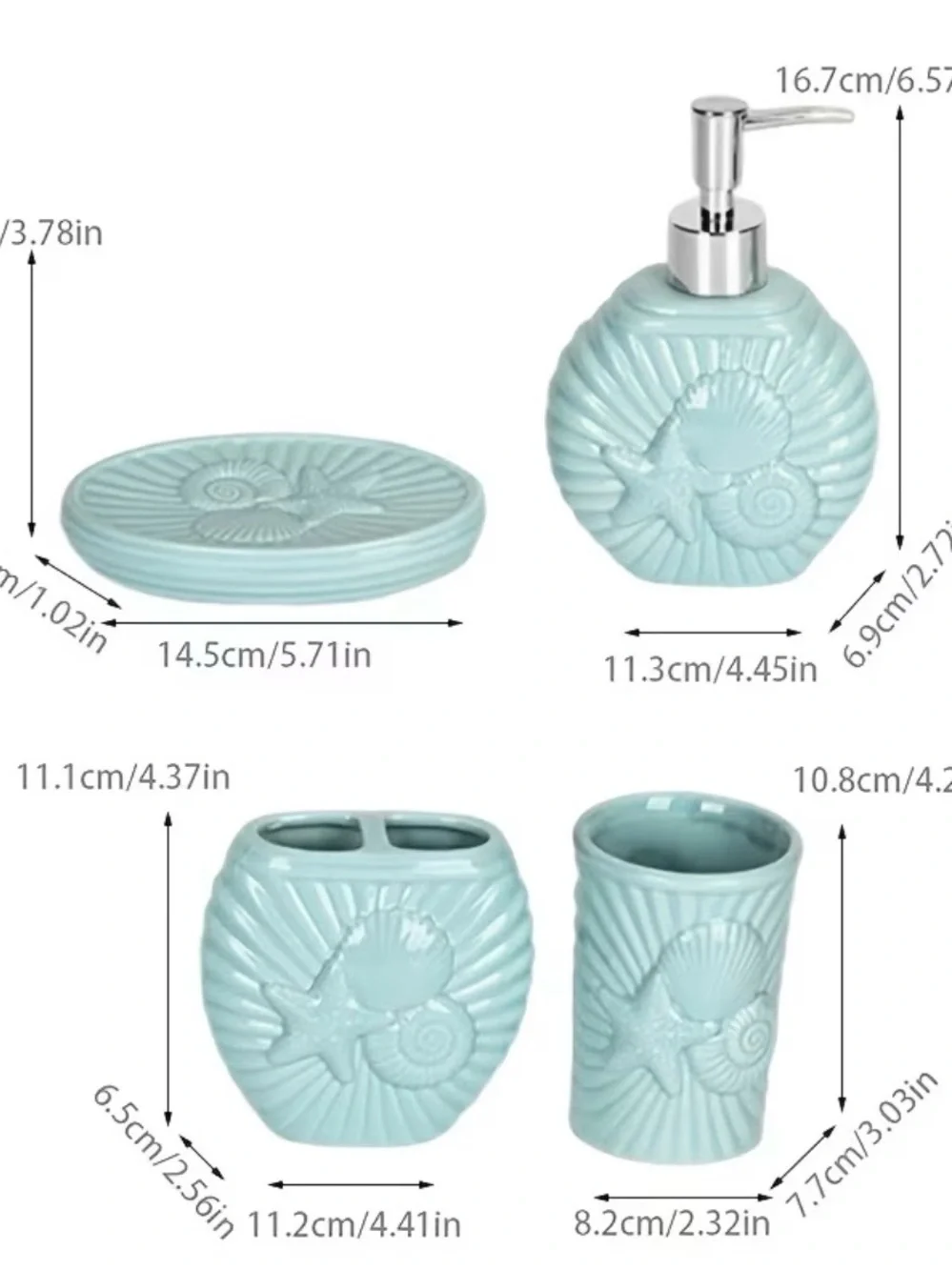 🆕 Ceramic Navy Shell 4-Piece Bath Accessory Set